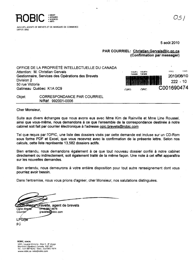 Document de brevet canadien 1334967. Correspondance 20100810. Image 1 de 1