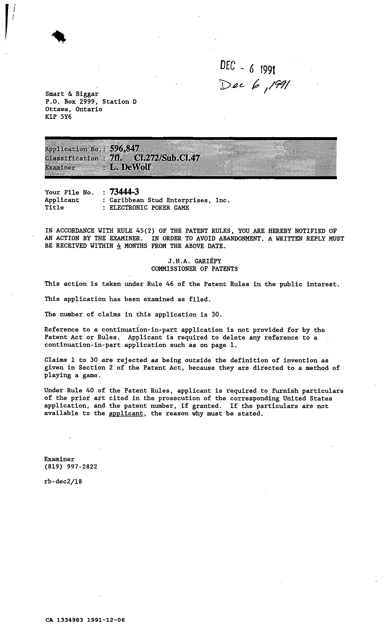 Canadian Patent Document 1334983. Examiner Requisition 19911206. Image 1 of 1