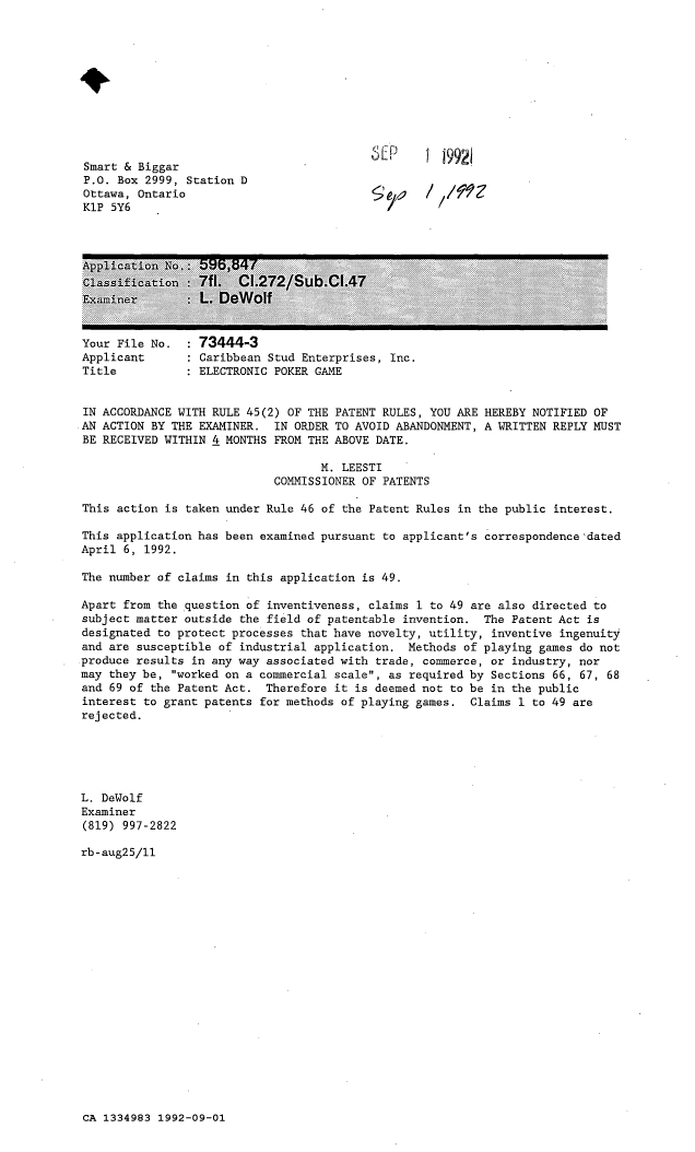 Canadian Patent Document 1334983. Examiner Requisition 19920901. Image 1 of 1