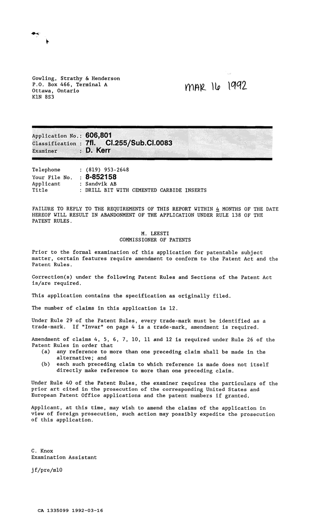 Canadian Patent Document 1335099. Examiner Requisition 19920316. Image 1 of 1