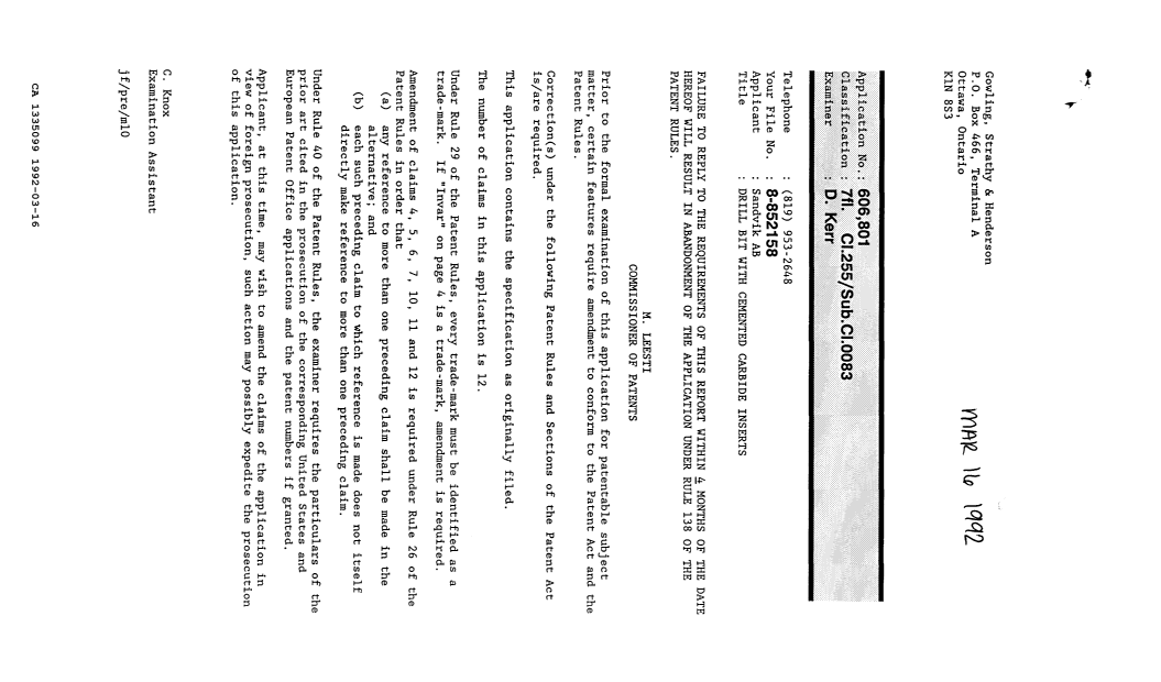 Document de brevet canadien 1335099. Demande d'examen 19920316. Image 1 de 1