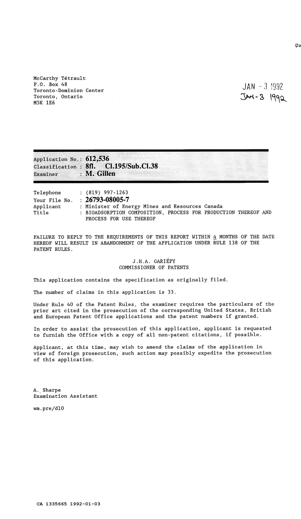 Canadian Patent Document 1335665. Examiner Requisition 19911203. Image 1 of 1