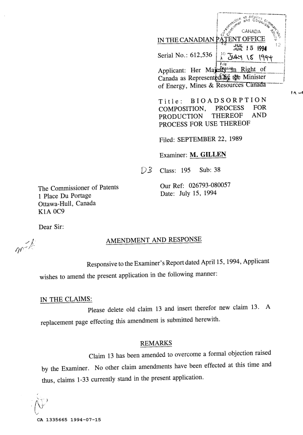 Canadian Patent Document 1335665. Prosecution Correspondence 19931215. Image 1 of 3