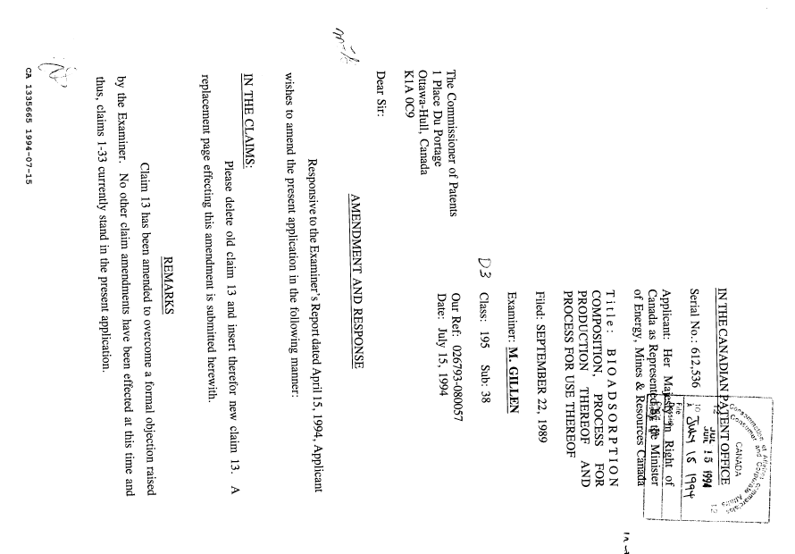 Canadian Patent Document 1335665. Prosecution Correspondence 19931215. Image 1 of 3