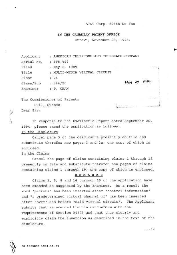 Canadian Patent Document 1335835. Prosecution Correspondence 19941129. Image 1 of 2