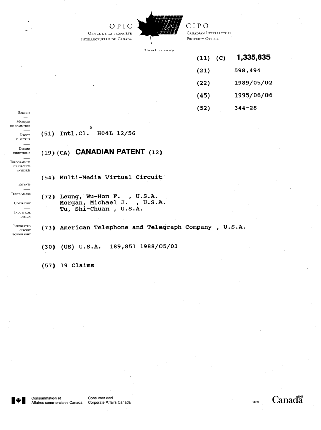Document de brevet canadien 1335835. Page couverture 19950606. Image 1 de 1
