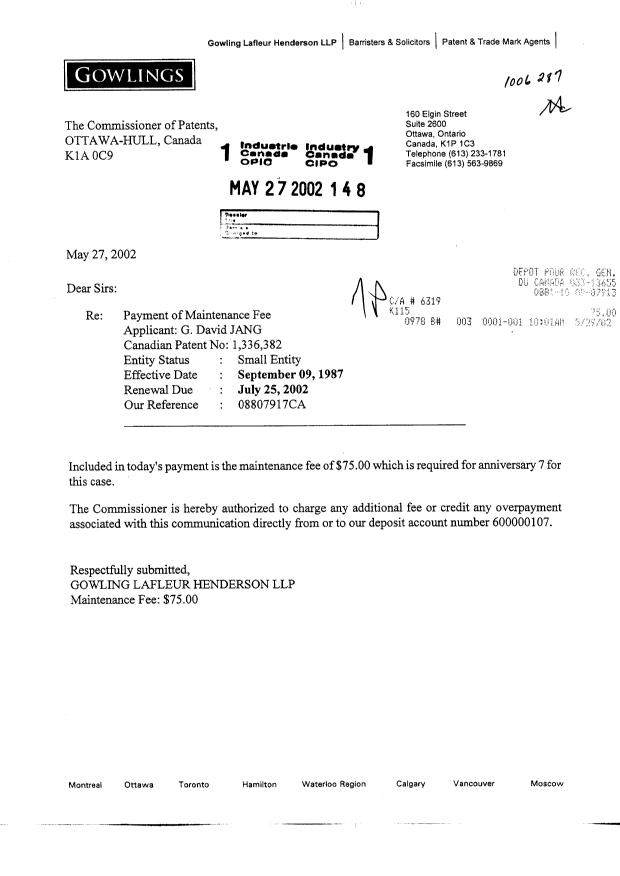 Document de brevet canadien 1336382. Taxes 20020527. Image 1 de 1