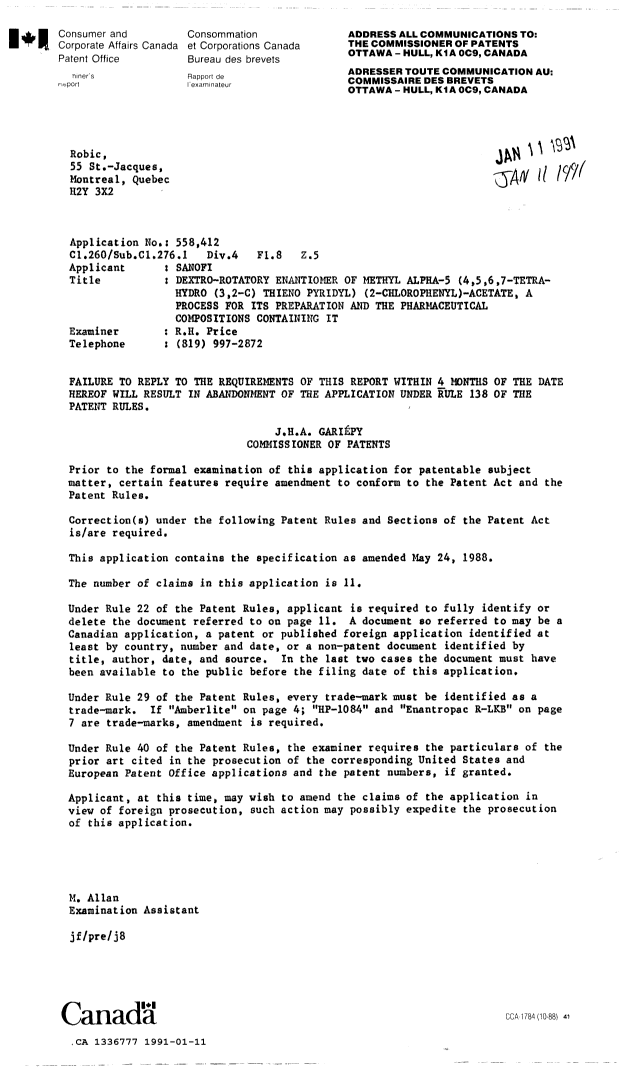 Canadian Patent Document 1336777. Prosecution-Amendment 19901211. Image 1 of 1