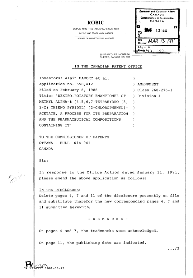 Canadian Patent Document 1336777. Prosecution Correspondence 19910313. Image 1 of 2