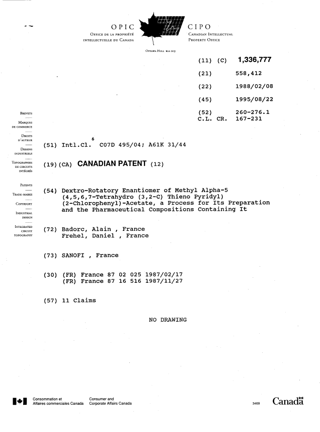 Canadian Patent Document 1336777. Cover Page 19941222. Image 1 of 1