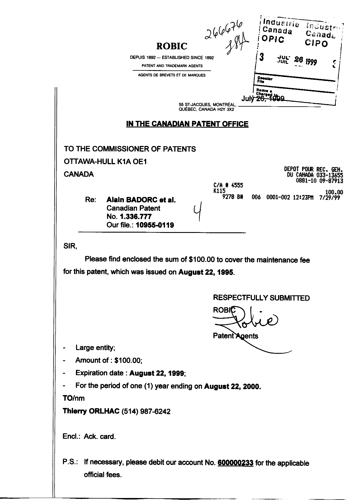 Canadian Patent Document 1336777. Fees 19981226. Image 1 of 1