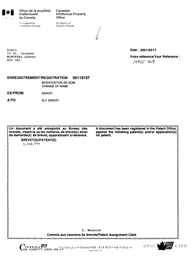 Document de brevet canadien 1336777. Cession 20001217. Image 1 de 16