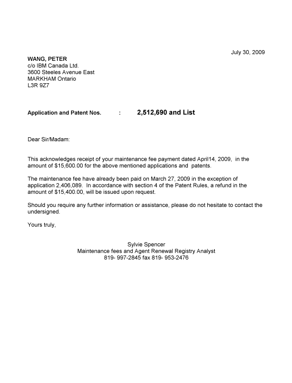 Canadian Patent Document 1337132. Correspondence 20090730. Image 1 of 1