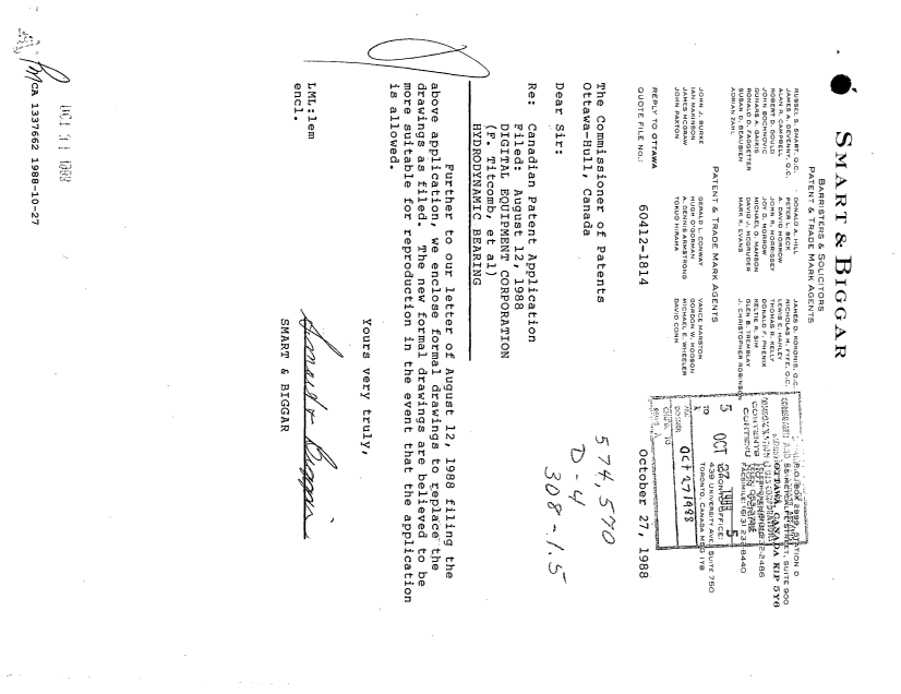 Canadian Patent Document 1337662. Prosecution Correspondence 19881027. Image 1 of 1