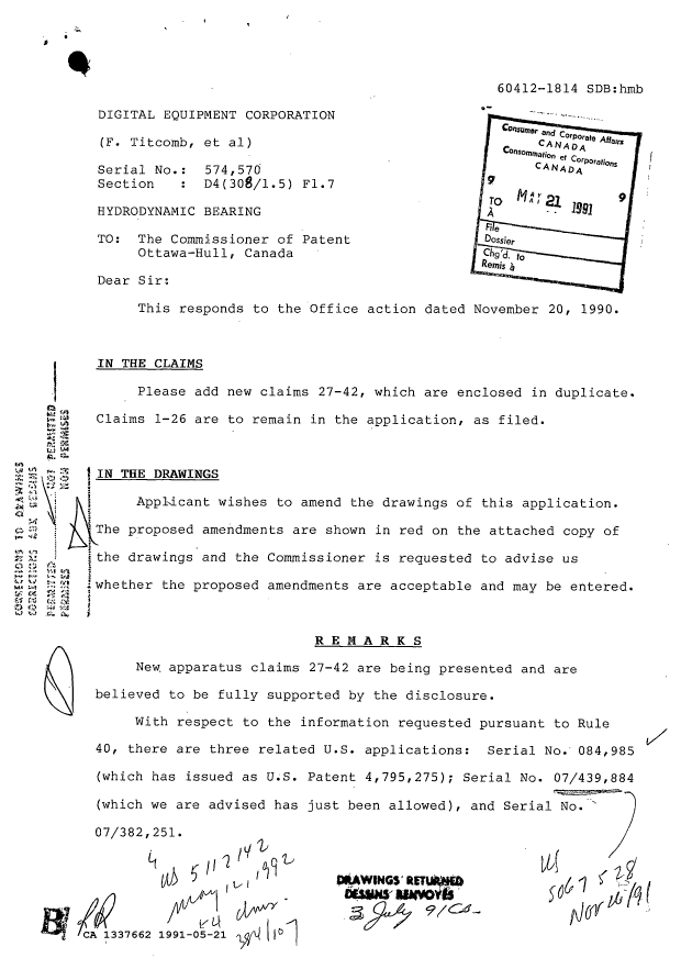 Document de brevet canadien 1337662. Correspondance de la poursuite 19910521. Image 1 de 10