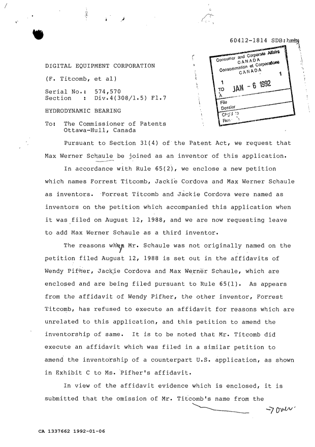 Document de brevet canadien 1337662. Correspondance reliée au PCT 19920106. Image 1 de 27