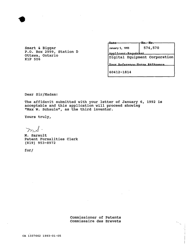 Canadian Patent Document 1337662. Office Letter 19930105. Image 1 of 1