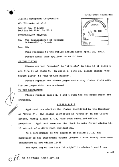 Canadian Patent Document 1337662. Prosecution Correspondence 19930720. Image 1 of 2