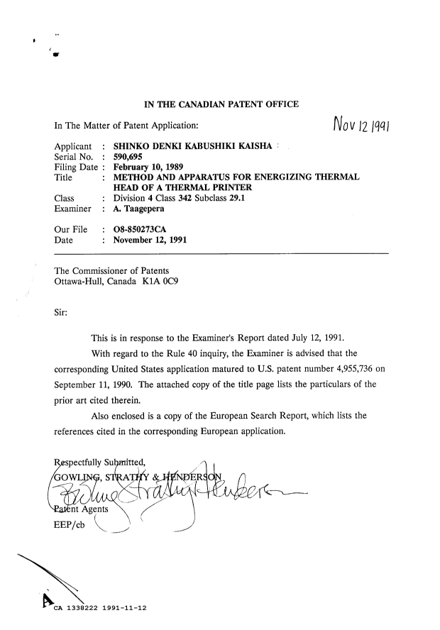 Canadian Patent Document 1338222. Prosecution Correspondence 19901212. Image 1 of 2