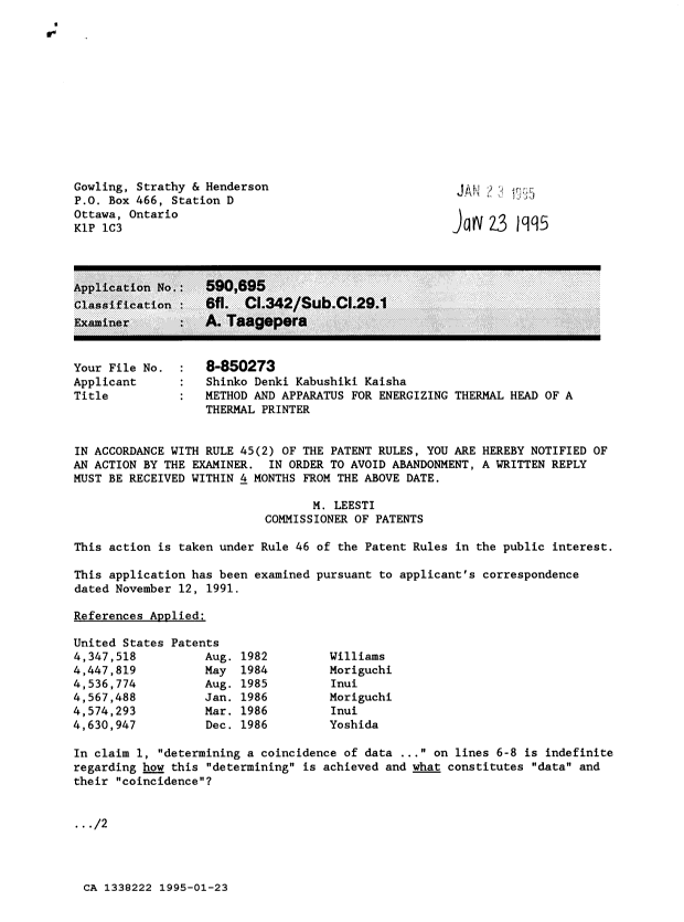Canadian Patent Document 1338222. R29 Examiner Requisition 19941223. Image 1 of 2