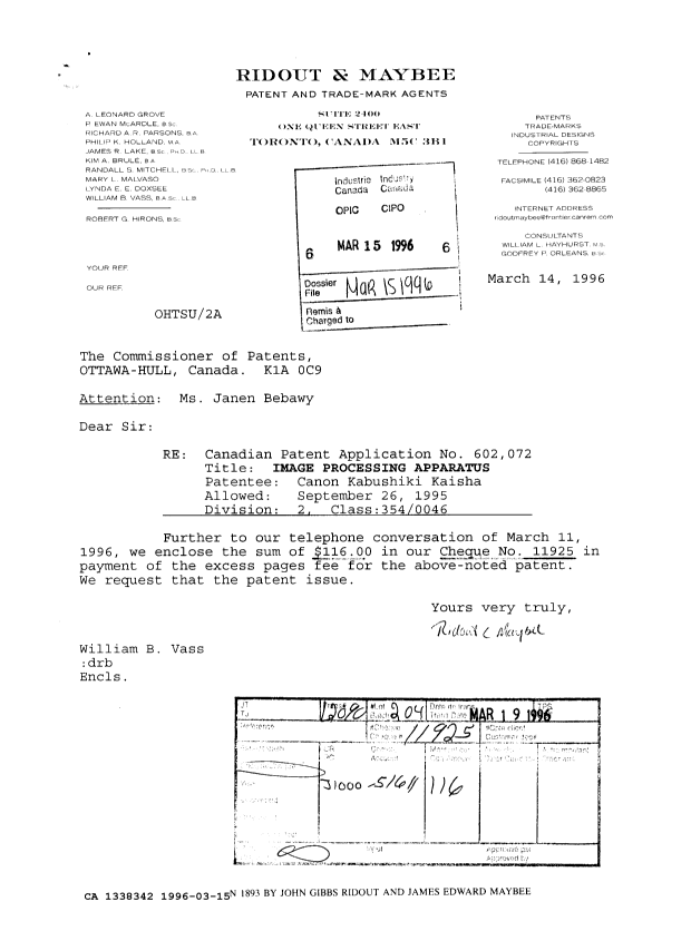 Document de brevet canadien 1338342. Correspondance reliée au PCT 19960315. Image 1 de 1