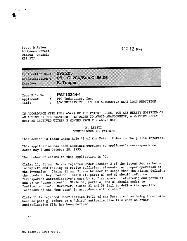 Canadian Patent Document 1338403. Examiner Requisition 19940412. Image 1 of 2