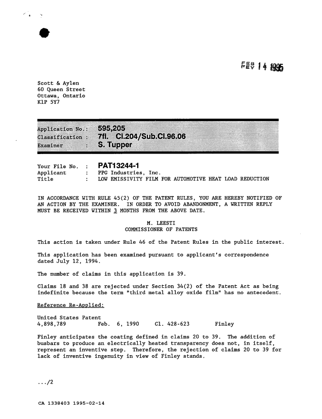 Document de brevet canadien 1338403. Demande d'examen 19950214. Image 1 de 2