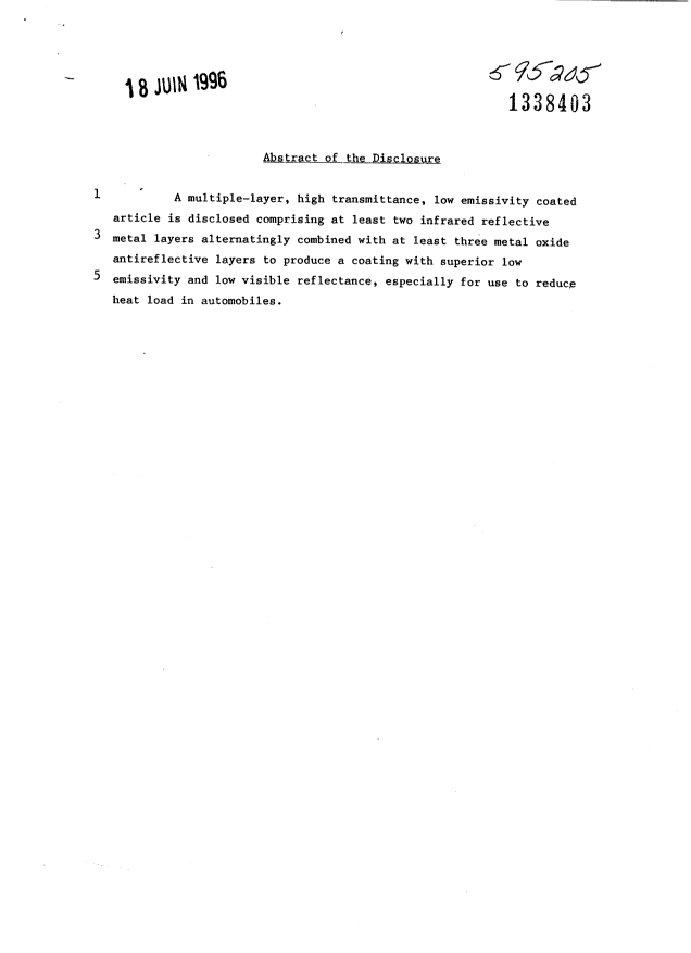 Document de brevet canadien 1338403. Abrégé 19960618. Image 1 de 1