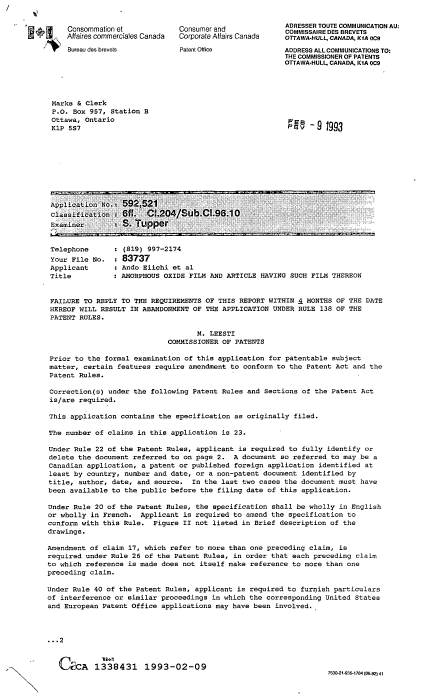 Canadian Patent Document 1338431. Examiner Requisition 19930209. Image 1 of 2