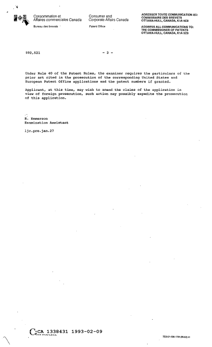 Document de brevet canadien 1338431. Demande d'examen 19930209. Image 2 de 2