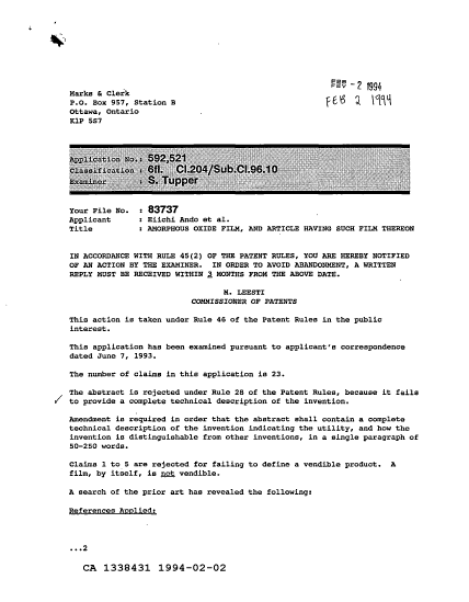 Canadian Patent Document 1338431. Examiner Requisition 19940202. Image 1 of 3