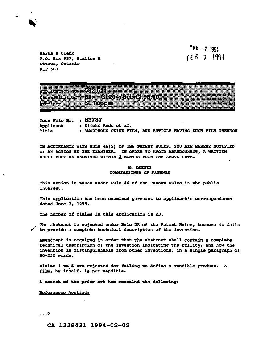 Canadian Patent Document 1338431. Examiner Requisition 19940202. Image 1 of 3