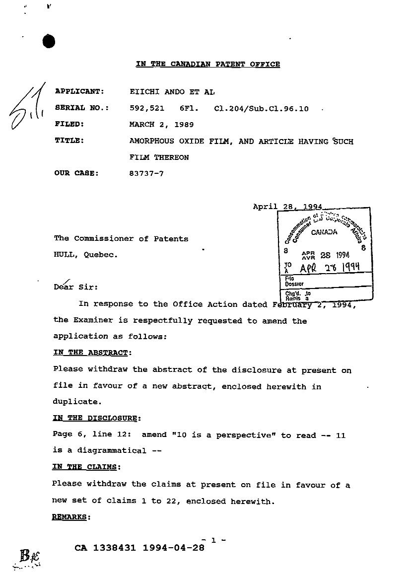 Document de brevet canadien 1338431. Correspondance de la poursuite 19940428. Image 1 de 3