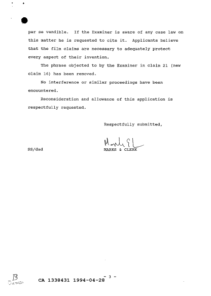 Document de brevet canadien 1338431. Correspondance de la poursuite 19940428. Image 3 de 3