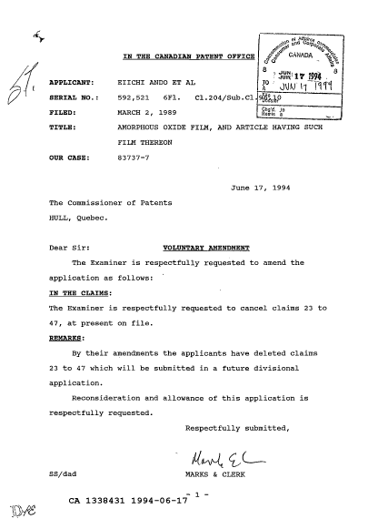 Document de brevet canadien 1338431. Correspondance de la poursuite 19940617. Image 1 de 1