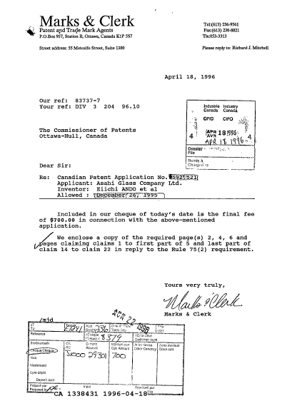 Document de brevet canadien 1338431. Correspondance de la poursuite 19960418. Image 1 de 1