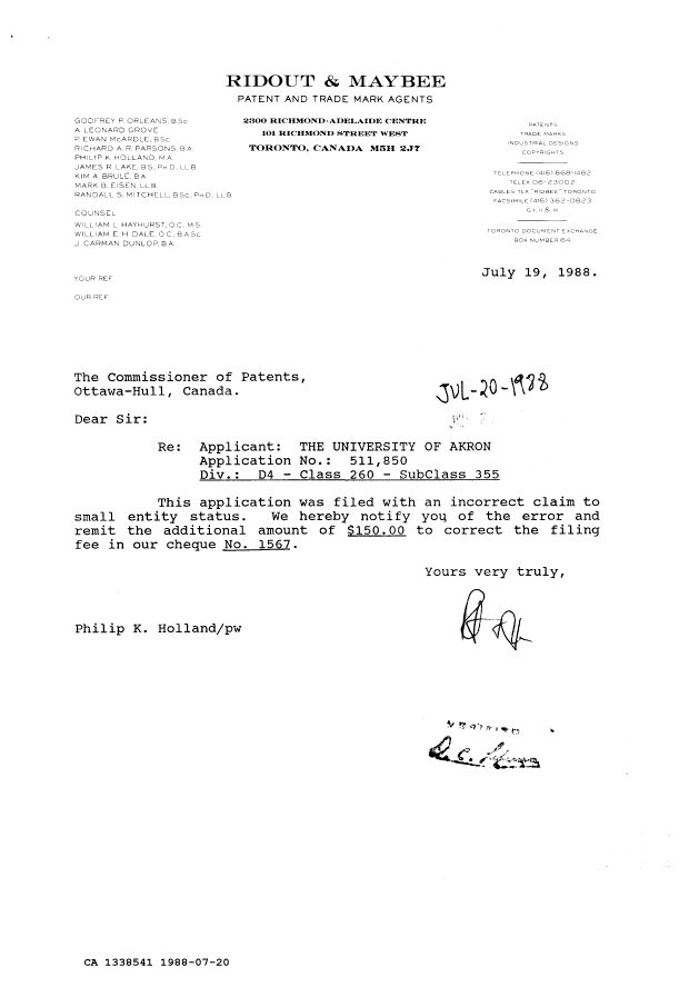 Canadian Patent Document 1338541. PCT Correspondence 19880720. Image 1 of 1