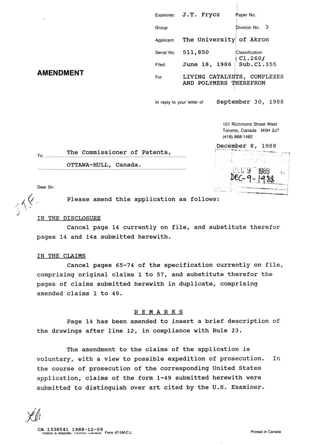 Canadian Patent Document 1338541. Prosecution Correspondence 19881209. Image 1 of 2