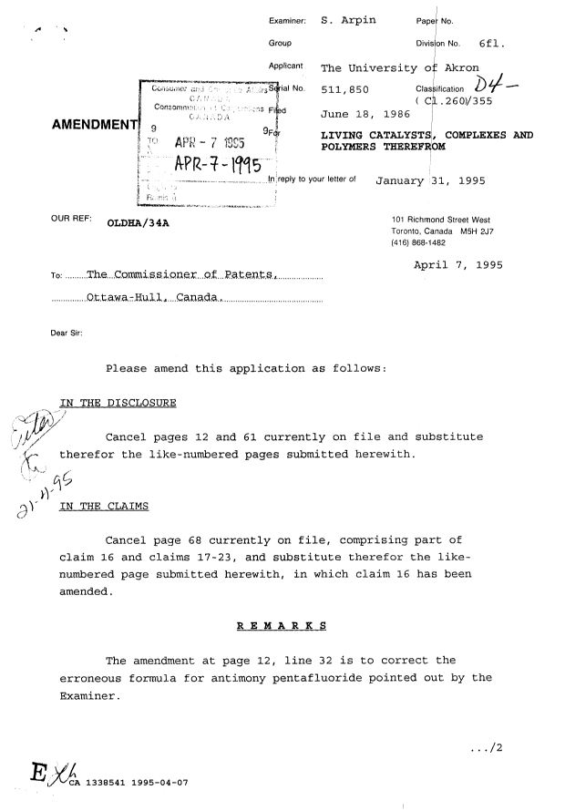 Canadian Patent Document 1338541. Prosecution Correspondence 19950407. Image 1 of 2