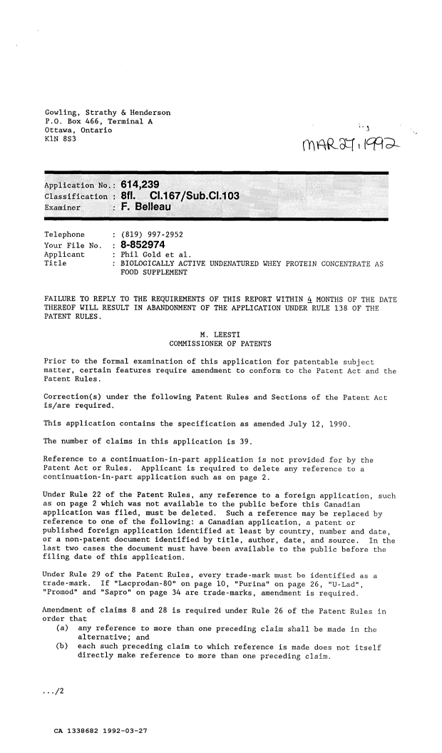 Canadian Patent Document 1338682. Examiner Requisition 19920327. Image 1 of 2