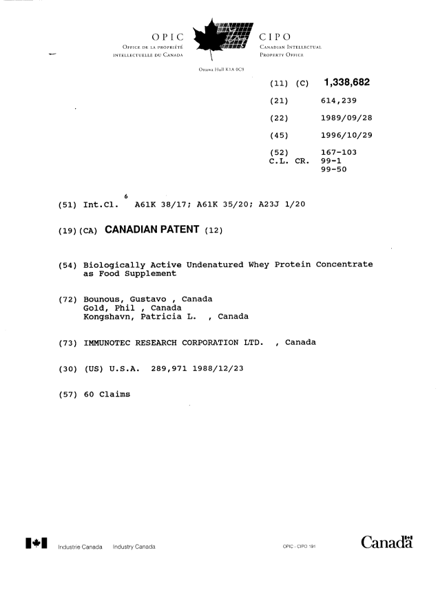 Document de brevet canadien 1338682. Page couverture 19951229. Image 1 de 1