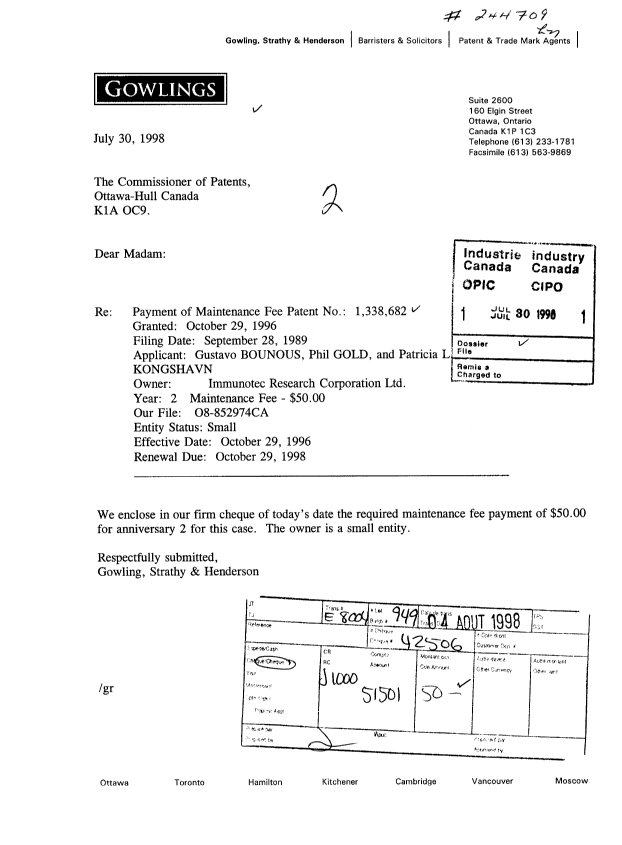 Document de brevet canadien 1338682. Taxes 19971230. Image 1 de 1
