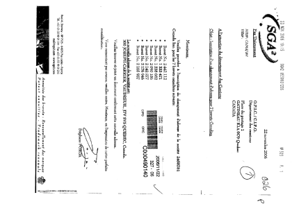 Document de brevet canadien 1338682. Correspondance 20051222. Image 1 de 2