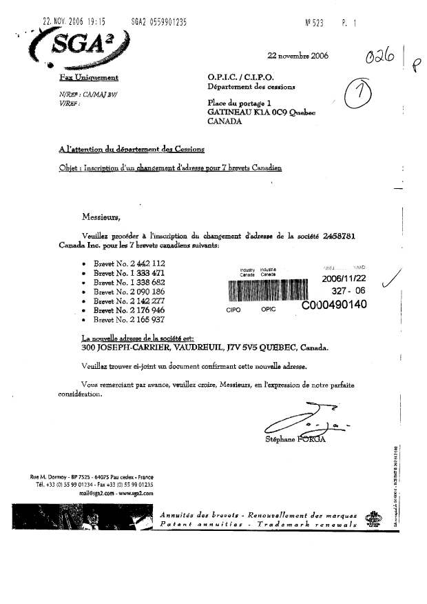 Document de brevet canadien 1338682. Correspondance 20051222. Image 1 de 2