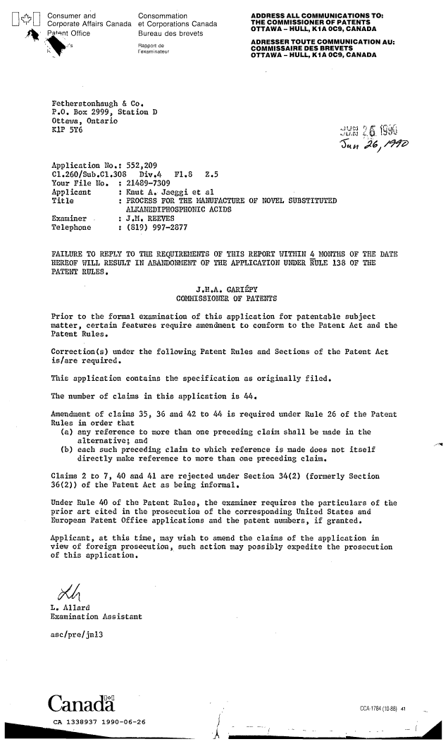Canadian Patent Document 1338937. Examiner Requisition 19900626. Image 1 of 1