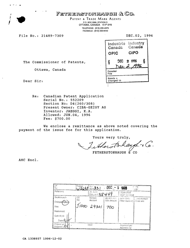 Canadian Patent Document 1338937. PCT Correspondence 19961202. Image 1 of 1
