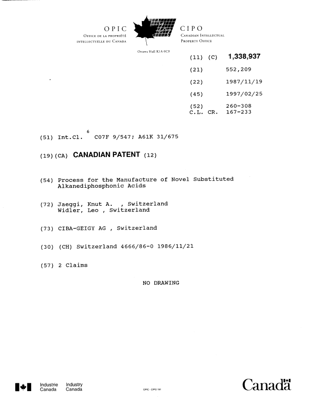 Canadian Patent Document 1338937. Cover Page 19961221. Image 1 of 1