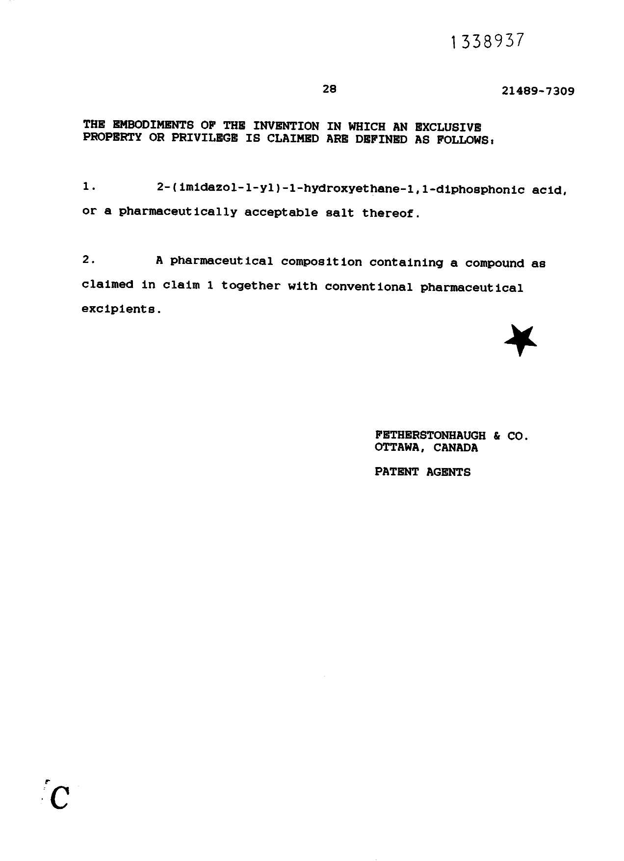 Document de brevet canadien 1338937. Revendications 19970221. Image 1 de 1