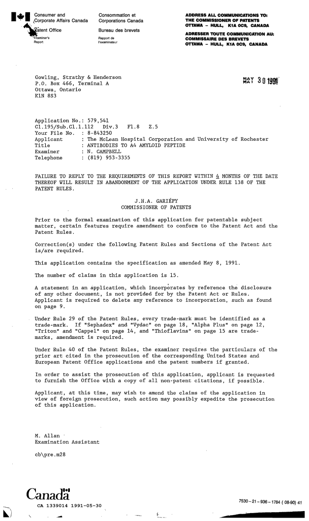 Canadian Patent Document 1339014. Examiner Requisition 19910530. Image 1 of 1