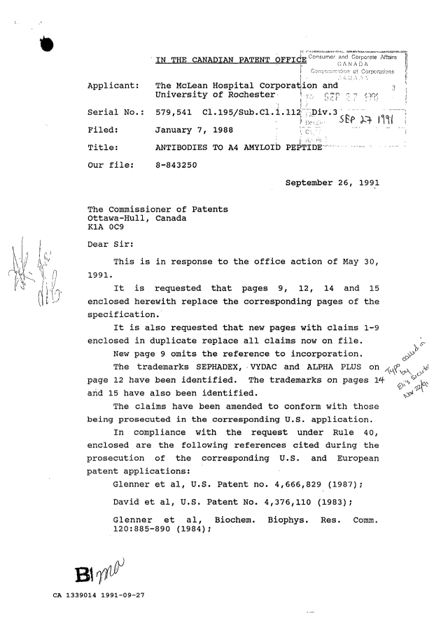 Canadian Patent Document 1339014. Prosecution Correspondence 19910927. Image 1 of 2